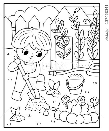 Spring garden black and white vertical landscape. Rural nature line scene with boy digging the ground with spade. Vector country house, farm background. Cute kid doing gardening work Spring garden black and white vertical landscape. Rural nature line scene with boy digging the ground with spade. Vector country house, farm background. Cute kid doing gardening work 137468341