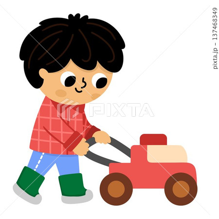 Vector boy mowing grass with mover. Cute kid gardener clipart. Funny child doing gardening works. Nature illustrations with children. Spring or summer country icon 137468349