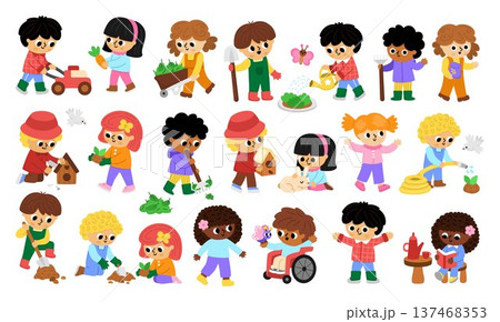 Vector kids gardeners clipart set. Cute boys and girls doing gardening works. Funny farm children collection. Illustrations with child watering and growing plants, taking care of garden Vector kids gardeners clipart set. Cute boys and girls doing gardening works. Funny farm children collection. Illustrations with child watering and growing plants, taking care of garden 137468353