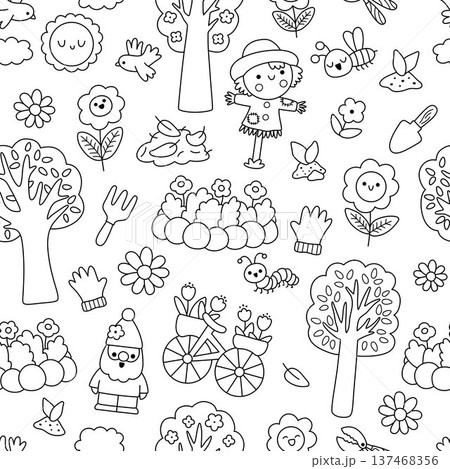 Vector black and white spring garden seamless pattern. Cute line farm repeat background with flower bed, gnome, scarecrow, plants, blooming trees. Nature digital paper, coloring page Vector black and white spring garden seamless pattern. Cute line farm repeat background with flower bed, gnome, scarecrow, plants, blooming trees. Nature digital paper, coloring page 137468356