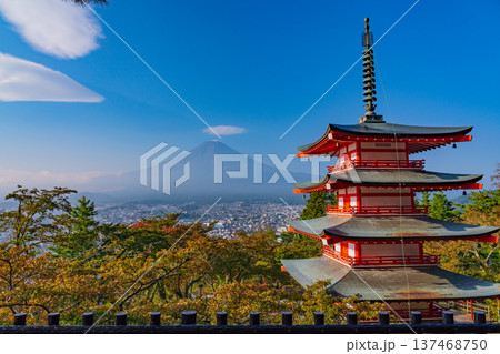 《山梨県》桜紅葉が美しい新倉山浅間公園　忠霊塔の向こうに秋の富士 137468750