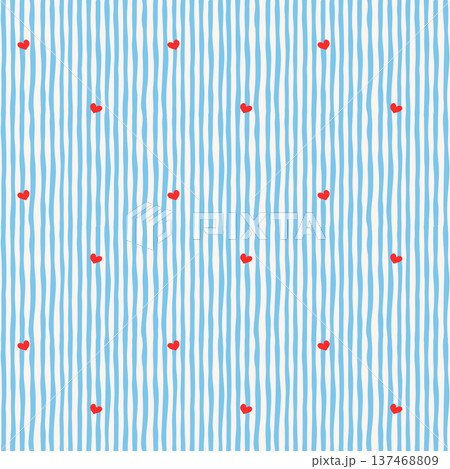 Hand drawn red mini hearts on baby blue vertical stripes whimsical seamless pattern 137468809