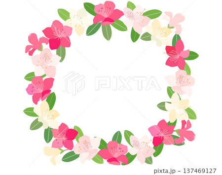 ツツジの花を丸フレームのリース状に配置したイラスト 137469127