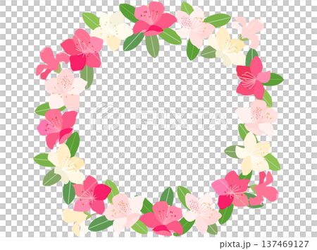 ツツジの花を丸フレームのリース状に配置したイラスト 137469127