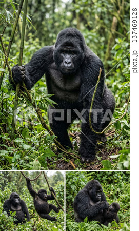 ジャングルの密林で群れと移動するシルバーバックゴリラ 全身 動物 137469128