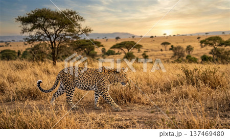 サバンナの草原を颯爽と歩く野生のヒョウ 獲物を狙う鋭い視線 全身 動物 137469480