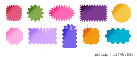 Colorful shapes with wavy edges and grunge shadow texture. Basic geometric forms with scalloped borders and grainy structure. Empty textboxes, stickers, tags or labels. Vector flat illustration Colorful shapes with wavy edges and grunge shadow texture. Basic geometric forms with scalloped borders and grainy structure. Empty textboxes, stickers, tags or labels. Vector flat illustration 137469659