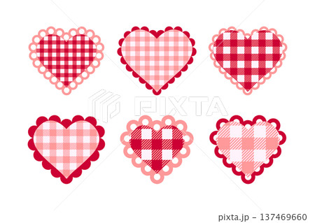 Collection of paper or textile red and pink heart shapes with frilly borders. Templates of Valentine day cards or patches with ruffles and checkered vichy print. Vector flat illustration 137469660