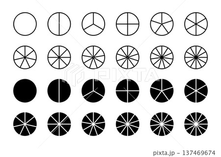 Set of circles divided into parts from 1 to 12 isolated on white background. Pie or pizza shapes are cut into equal slices. Round business chart or diagram examples. Vector graphic illustration 137469674