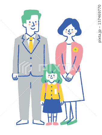 小学校入学を迎える女の子と両親_色 137469770