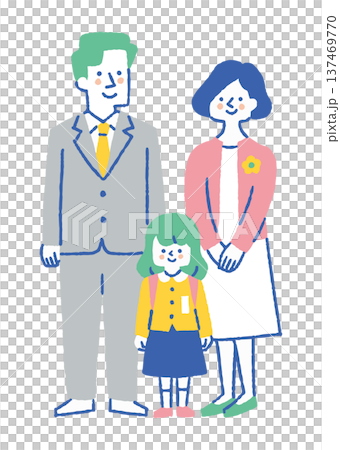 小学校入学を迎える女の子と両親_色 137469770