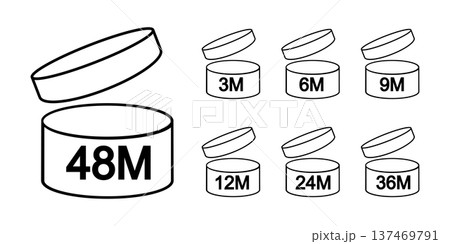Set of period after opening or PAO icons. Jars with open lids and month numbers. Product expiration time pictograms. Cosmetic validity labels isolated on white background. Vector outline illustration 137469791