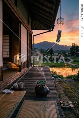 夕暮れ縁側蚊取り線香と風鈴の日本の夏 137470036