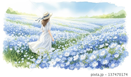 春のネモフィラが咲き乱れる花畑を白いドレス姿の女性が歩く幻想的な水彩画イラスト 137470174