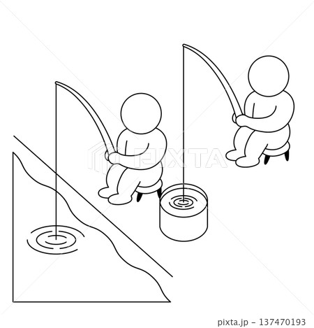 モノクロで描かれたバケツで釣りをする人のイラスト 137470193