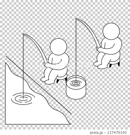 モノクロで描かれたバケツで釣りをする人のイラスト 137470193