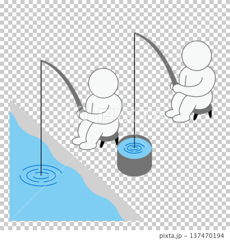 輪郭線なしのバケツで魚釣りをする人のイラスト 137470194