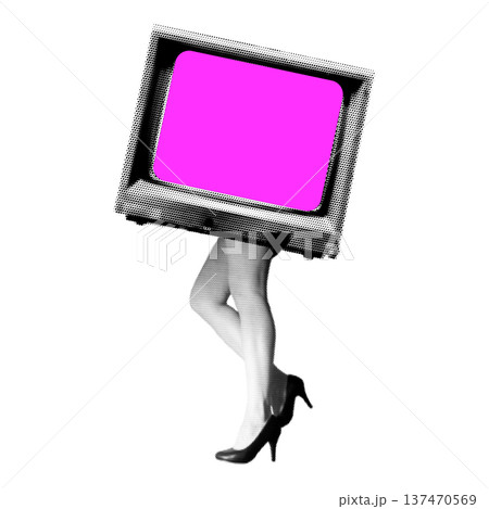 Surreal Retro Collage of Woman Legs with Vintage Television Screen Head in Halftone Dotted Effect Surreal Retro Collage of Woman Legs with Vintage Television Screen Head in Halftone Dotted Effect 137470569