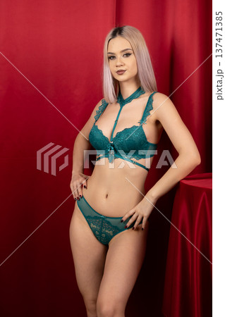Woman in teal lace lingerie posing with hand on hip Woman in teal lace lingerie posing with hand on hip 137471385