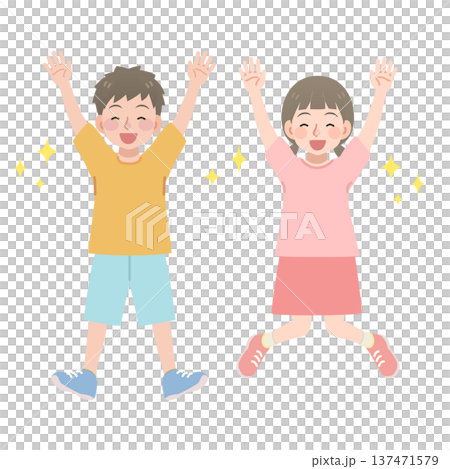 ジャンプをする男の子と女の子のイラスト 137471579