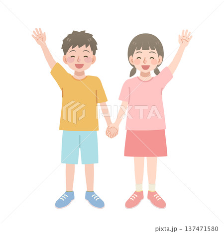 手を繋ぐ男の子と女の子のイラスト 137471580