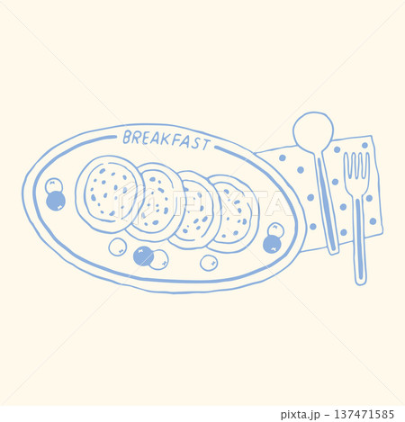 Hand drawn pancake breakfast plate with berries, spoon and fork in minimalist blue line style. Trendy morning food vector illustration perfect for cafe branding, menu design and packaging Hand drawn pancake breakfast plate with berries, spoon and fork in minimalist blue line style. Trendy morning food vector illustration perfect for cafe branding, menu design and packaging 137471585