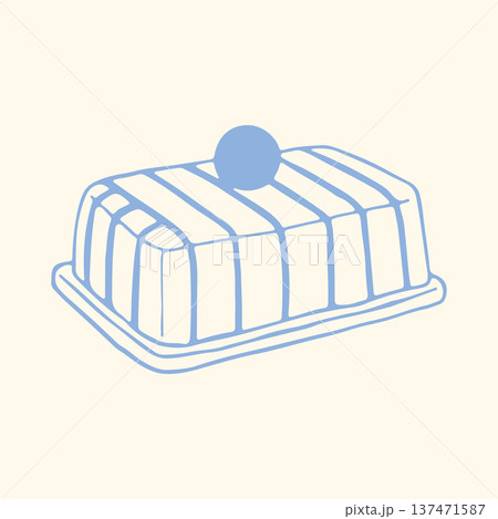 Hand drawn striped butter dish in minimalist blue line style. Cute kitchen vector illustration perfect for breakfast themes, bakery branding, cafe menus, packaging design and modern culinary graphics Hand drawn striped butter dish in minimalist blue line style. Cute kitchen vector illustration perfect for breakfast themes, bakery branding, cafe menus, packaging design and modern culinary graphics 137471587