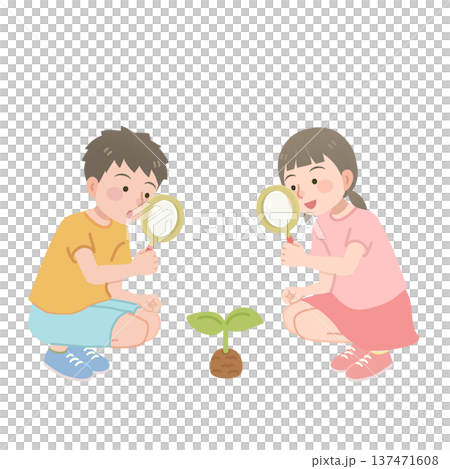 虫眼鏡を覗く男の子と女の子のイラスト 137471608