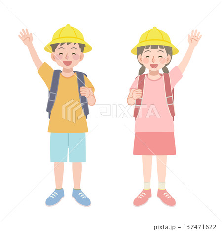 手を上げるランドセルを背負った小学生のイラスト 137471622