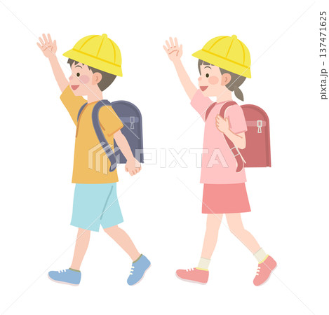 手を上げながら歩く小学生のイラスト 137471625