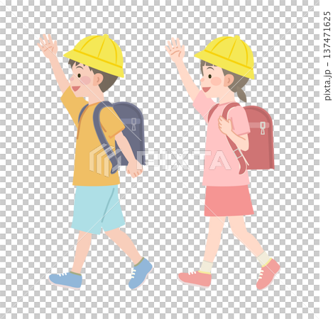 手を上げながら歩く小学生のイラスト 137471625