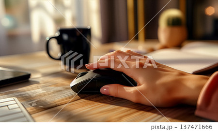 暖かい日差しの中でマウスを操作しデスクワークをする女性の手元。リモートワークや副業のイメージ 137471666
