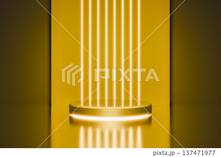 Golden 3d podium with vertical glowing lines 137471977