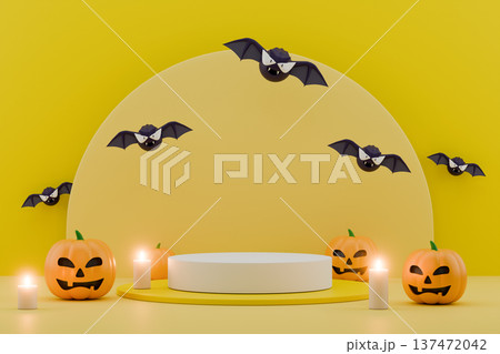 Yellow Halloween stage with glowing pumpkins and flying bats 137472042