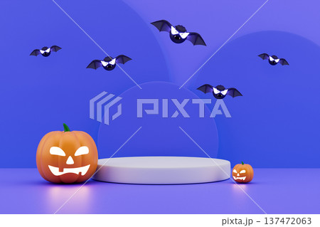Blue Halloween stage background with bats and jack o lanterns Blue Halloween stage background with bats and jack o lanterns 137472063