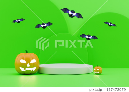 Green Halloween podium with flying bats and pumpkins display 137472079