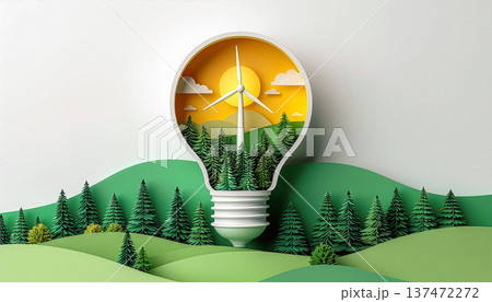 電球の中に広がるエコな街並み ペーパークラフト風 太陽光・風力発電 持続可能な社会 SDGs イメー 137472272