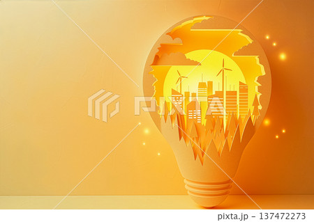 電球の中に広がるエコな街並み ペーパークラフト風 太陽光・風力発電 持続可能な社会 SDGs イメー 137472273