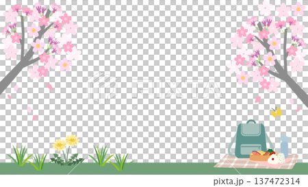 桜とたんぽぽのお花見背景・春のピクニック風イラスト素材 137472314