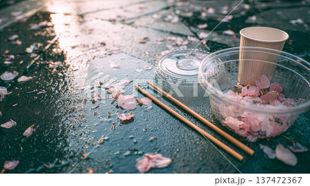 お花見のあとのゴミ 桜の花びらと使い捨て容器 環境問題 マナー 散った桜 祭りのあと コピースペース 137472367