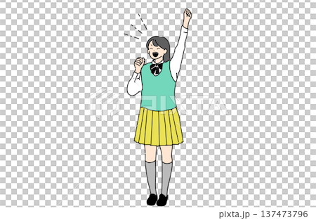 一幅高中女生揮拳歡呼的插圖。象徵成功和動力。手繪向量素材。 137473796