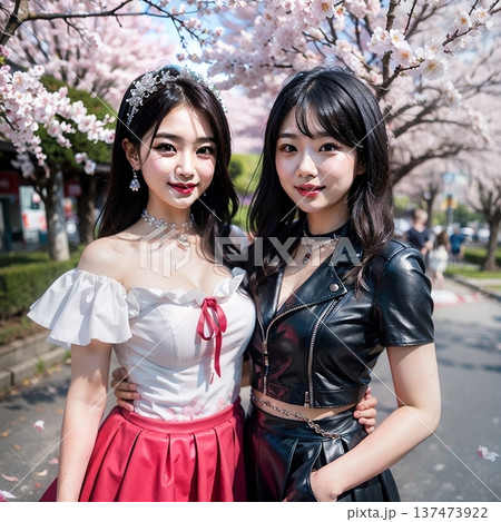 桜の木の下で記念撮影をする仲良し女子 137473922