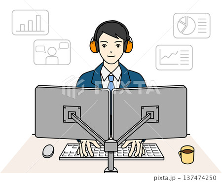 聴覚過敏の男性社員がイヤーマフを使用して働くオフィスシーン 137474250