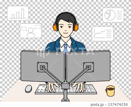 聴覚過敏の男性社員がイヤーマフを使用して働くオフィスシーン 137474250