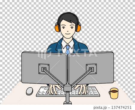 感覚過敏への配慮としてイヤーマフを着用し働くスーツ姿の男性 感覚過敏への配慮としてイヤーマフを着用し働くスーツ姿の男性 137474251