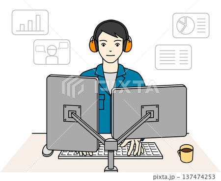 聴覚過敏の特性をイヤーマフで補いデータ解析を行う技術職の男性 137474253