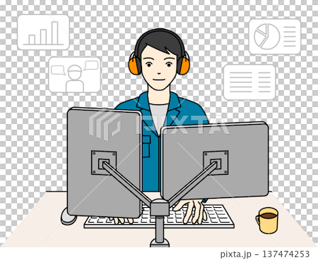 一名從事技術工作的男子戴著耳罩進行數據分析,以彌補他的聽力損失。 一名從事技術工作的男子戴著耳罩進行數據分析,以彌補他的聽力損失。 137474253