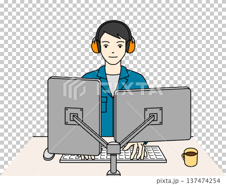 イヤーマフを着用し周囲の音を気にせず設計業務に励む男性技術者 137474254