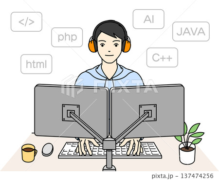 イヤーマフで静かな環境を作りプログラミングに集中する男性 イヤーマフで静かな環境を作りプログラミングに集中する男性 137474256