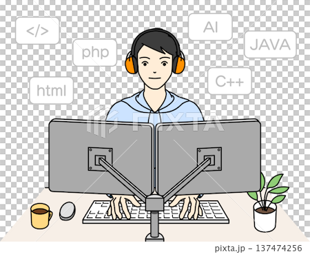 イヤーマフで静かな環境を作りプログラミングに集中する男性 イヤーマフで静かな環境を作りプログラミングに集中する男性 137474256